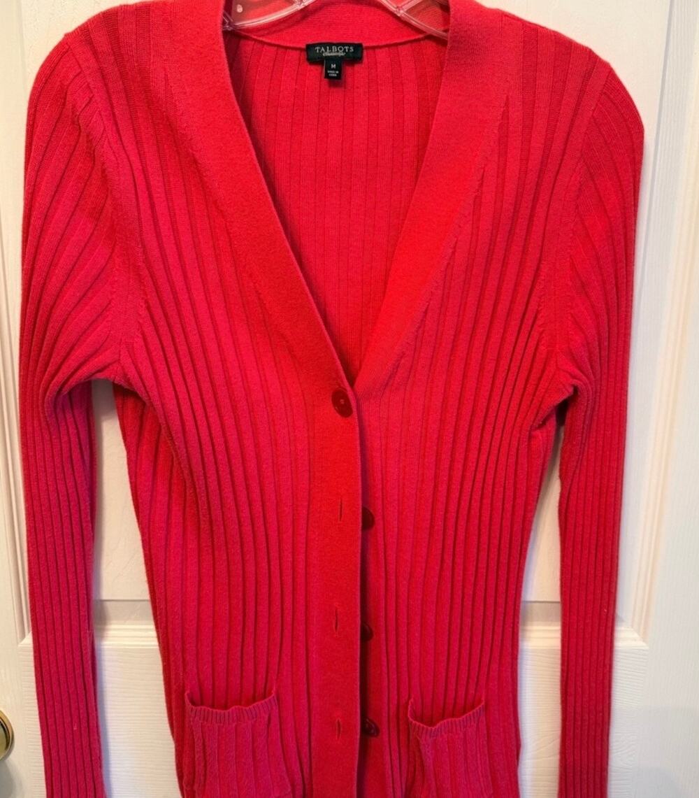 Talbots Vibrant Red Ribbed
Cardigan Button Up Sweater Size M